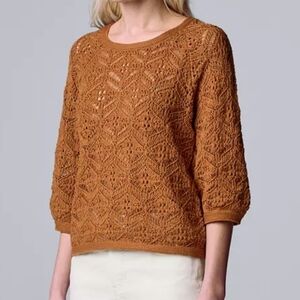 Simply Vera Vera Wang open knit crochet 3/4 sleeve caramel top sz XL